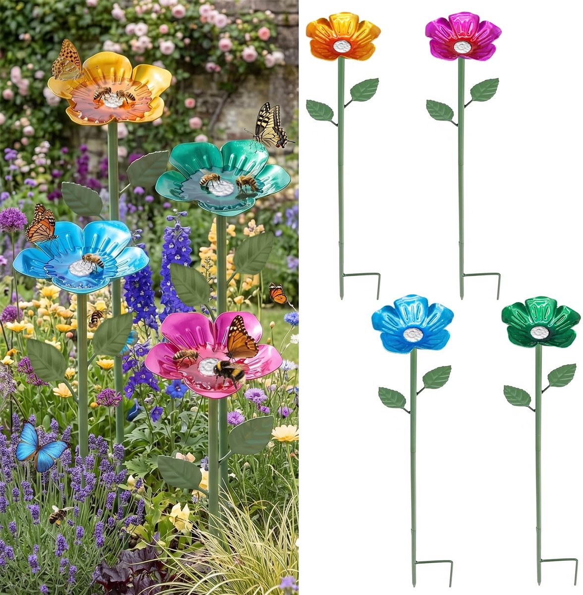 Omgoods - Bijendrinkbak voor de Tuin, 4 Stuks met In hoogte Verstelbare Bloemvorm