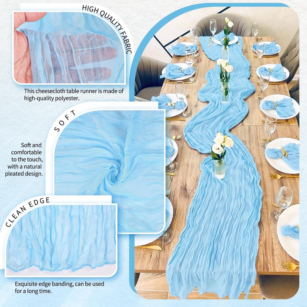Omgoods - Set van 10 Babyblauwe Kaasdoek Tafellopers 35 x 120 Inch