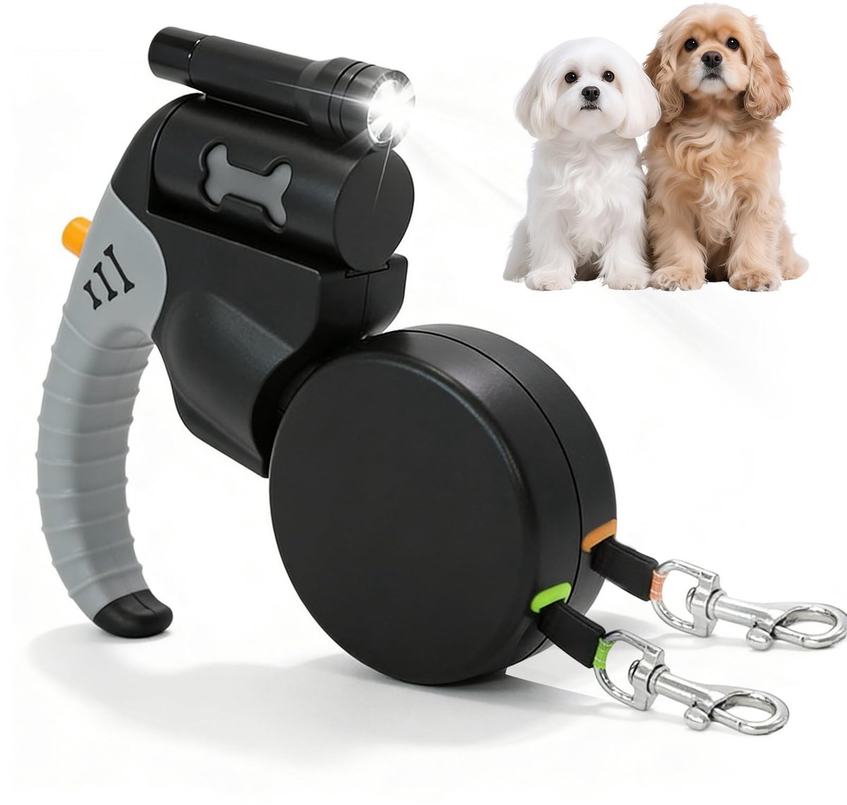 Omgoods - Retractable Hondenriem met 2 Snelle Ontkoppelingen - Zwart en Grijs