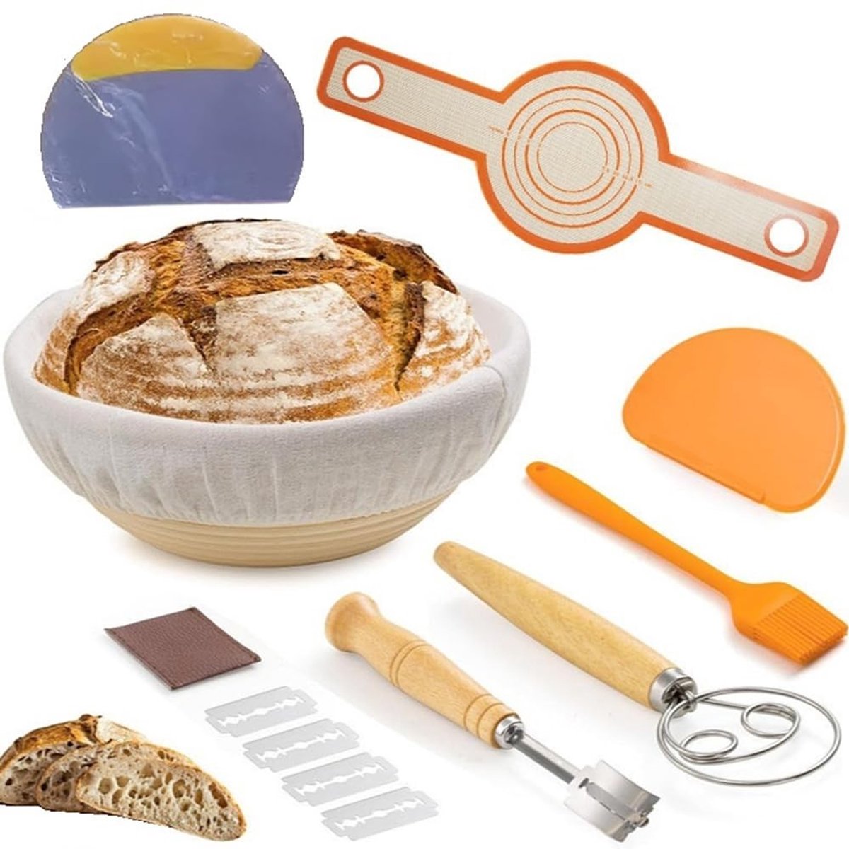 Omgoods - Set van Rijsmandjes voor Brood met Snijmes en Deegschraper