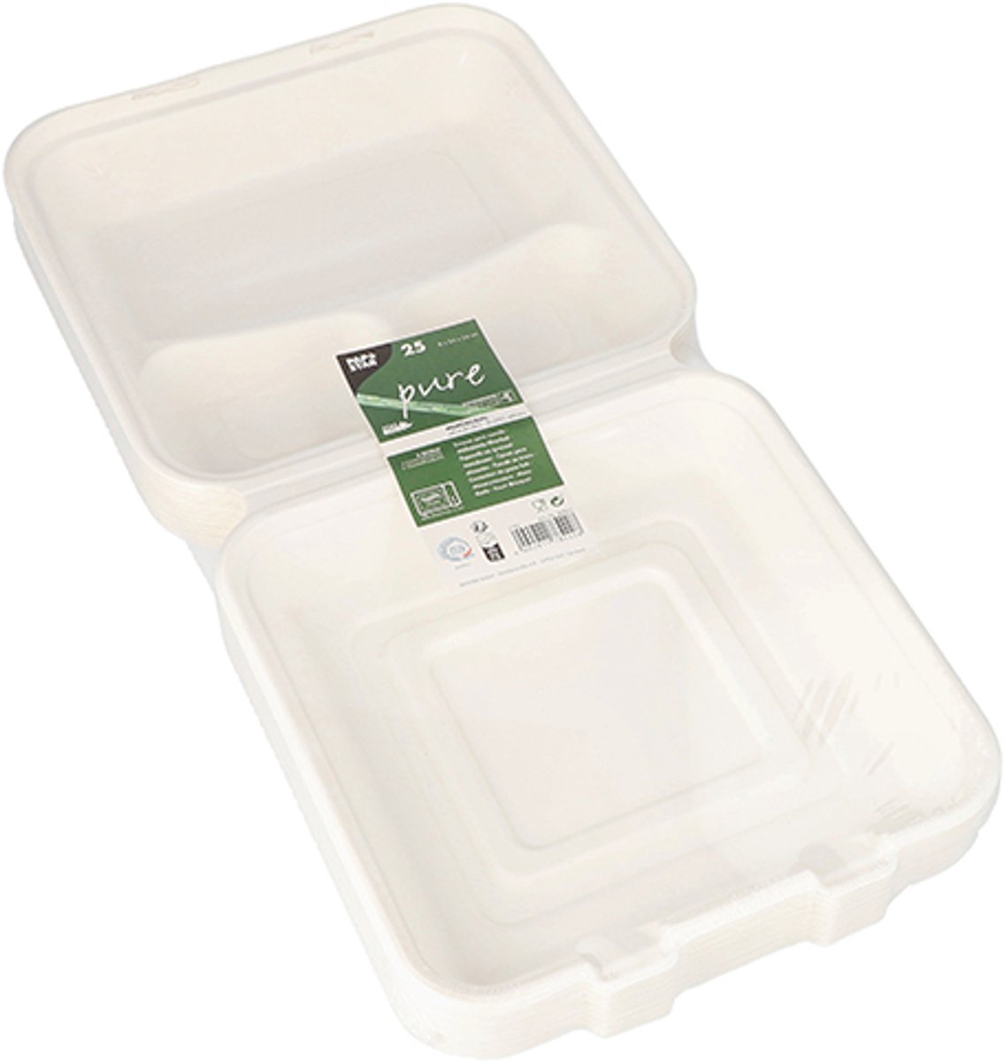 25 Menuboxen suikerriet pure 3-vaks 8 cm x 24 cm x 24 cm wit