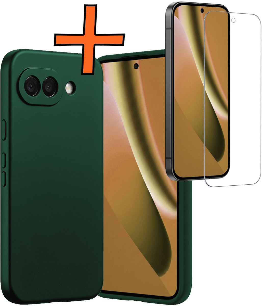 Hoes - Met Screenprotector - Geschikt voor Google Pixel 10a - Sterk & Shockproof - Back Cover - Siliconen Case - Telefoon Hoes - Donkergroen