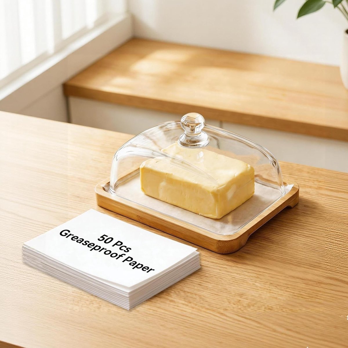 Glazen botervloot met deksel en 50 vetvrije papieren vellen, ideale boterschaal voor keuken en werkblad