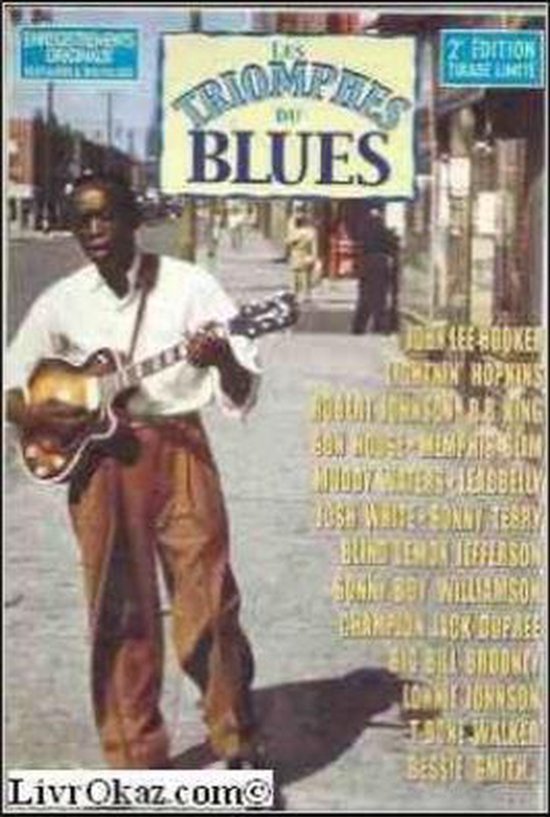 Boekomslag "Les Triomphes du Blues" met muzikant, getiteld "Les Triomphes du Blues".