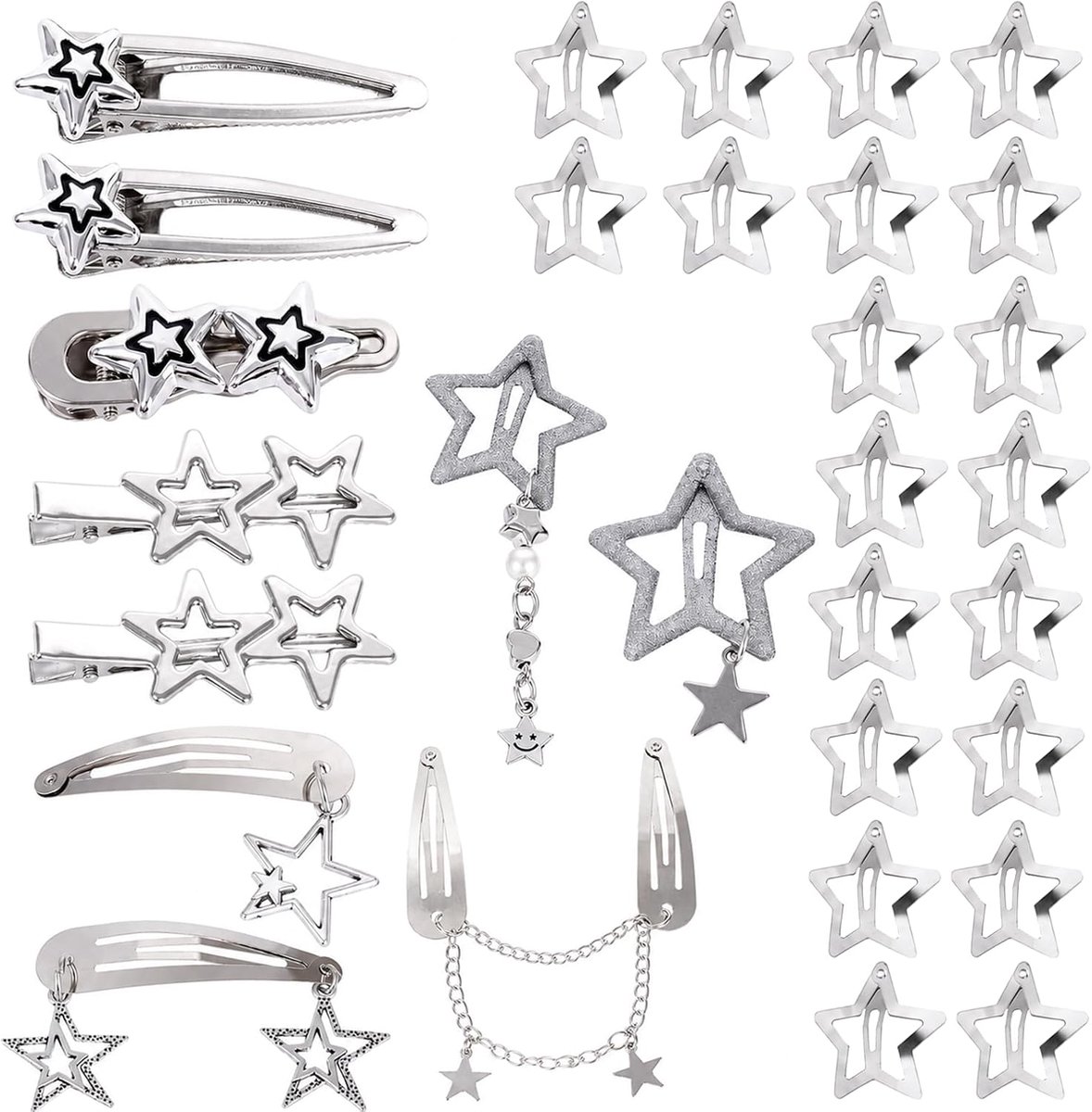 Haarspelden set 30 stuks - Zilver - 20 sterren clips en 10 punk-stijl - Y2K accessoires voor meisjes - SnelShoppen