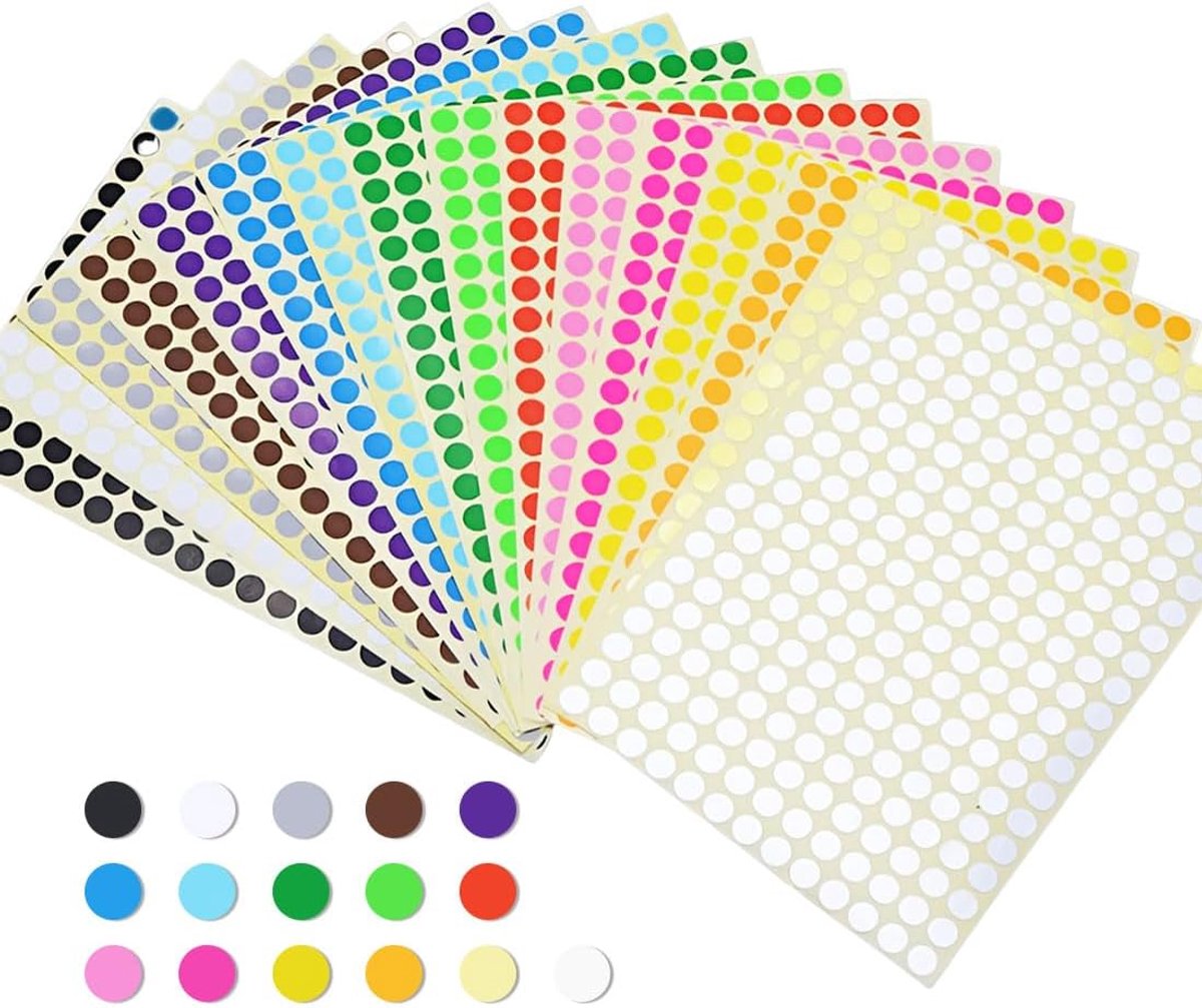 SnelShoppen - 6528 Zelfklevende Etiketten Ronde Stippen in 16 Kleuren, 6 mm, Perfect voor Organisatie, Creatieve Projecten, Kleurcodering, School, Kan