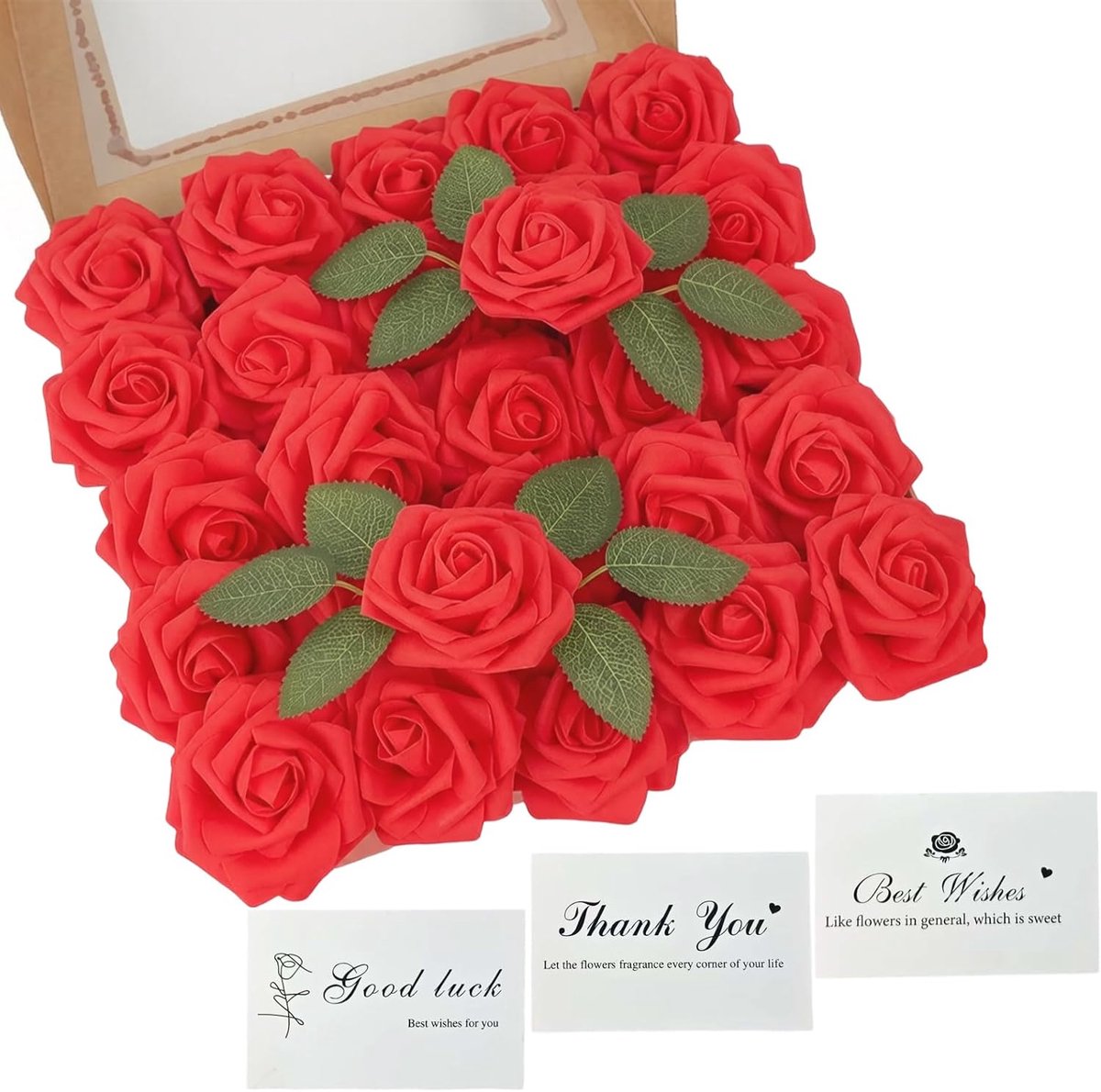 25 stuks kunstrozen, rode kunstrozen met wenskaarten en geurzakjes, kunstrozen van PE-schuim in geschenkdoos - ShopVlot