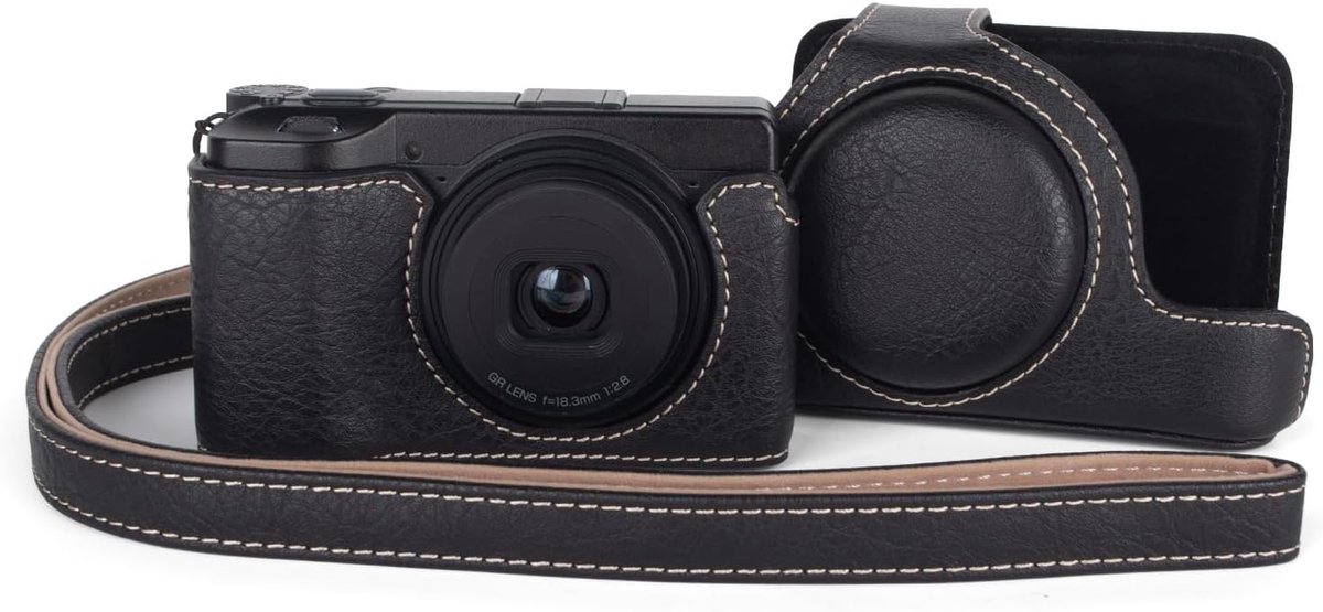 SnelShoppen - Camera Case voor Ricoh GR IV/GR III/GR IIIX - PU Leer, Schokbestendig, Drie-delige Beschermhoes, Verstelbare Schouderband, Zwart