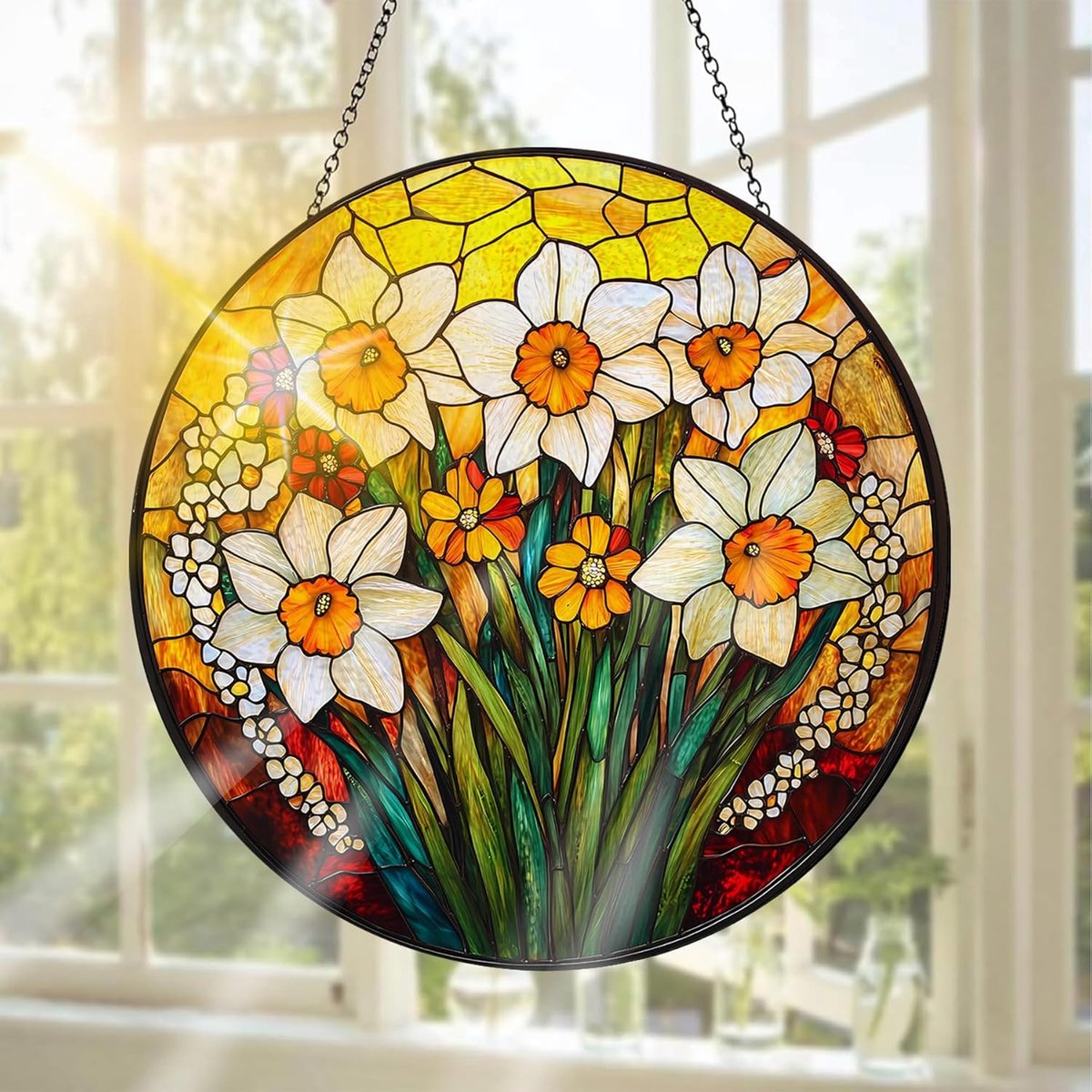 SnelShoppen - Daffodil Gevlekte Glazen Raamdecoratie 20x20 cm - Handgemaakte Raamdecoratie voor Tuin, Binnen en Buiten, Kerstfeest, Bloemen