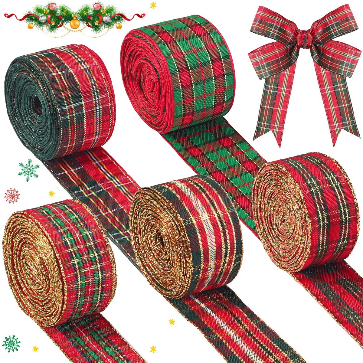 Omgoods - 5 Rollen Buffalo Plaid Gewikkelde Lint voor DIY en Cadeauverpakking