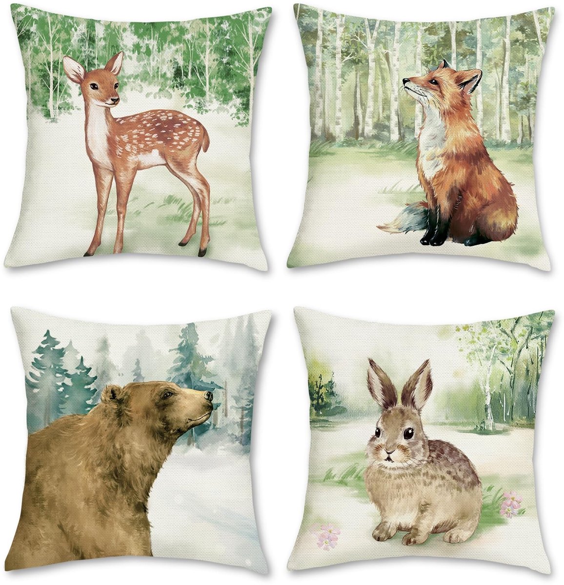 Omgoods - Set van 4 Kussenhoezen met Bosdieren Design