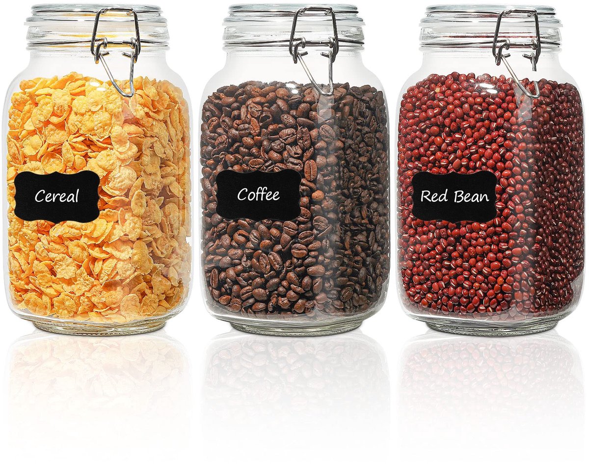 Omgoods - Set van 3 Luchtdichte Glazen Opbergpotten 1500ml met Clip Sluiting