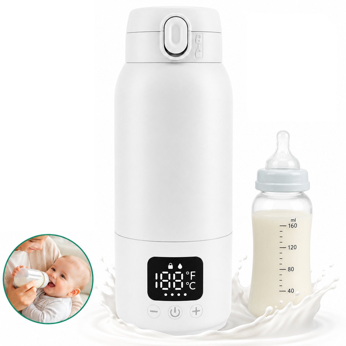 VHV Draagbare Flessenwarmer - Flessenwarmer Onderweg - Draadloos - 12.000 mAh - 100W - 500 ml - LED-display