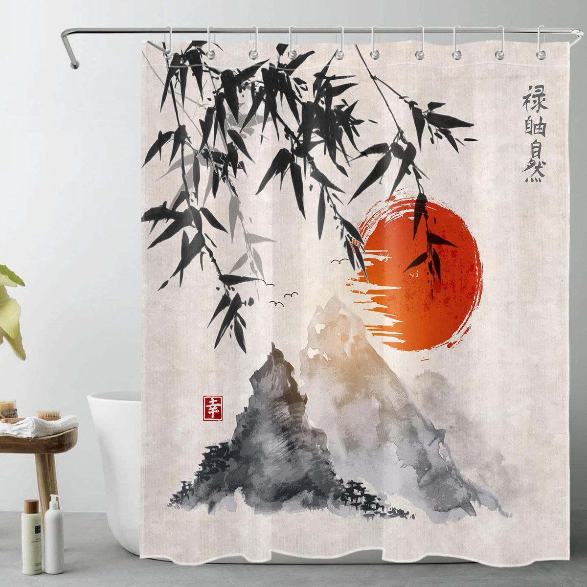 Omgoods - Japanse Berg en Zwarte Bamboe Douchegordijn - 150 x 180 cm