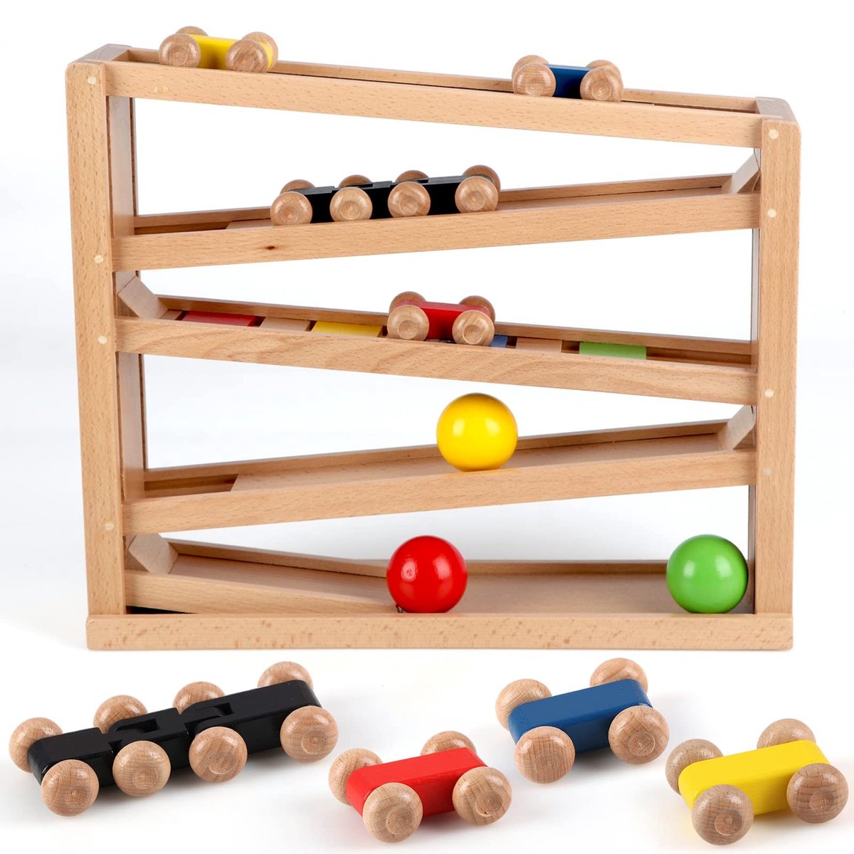 Omgoods - Houten Auto Marble Track Spel met 4 Auto's en 3 Ballen