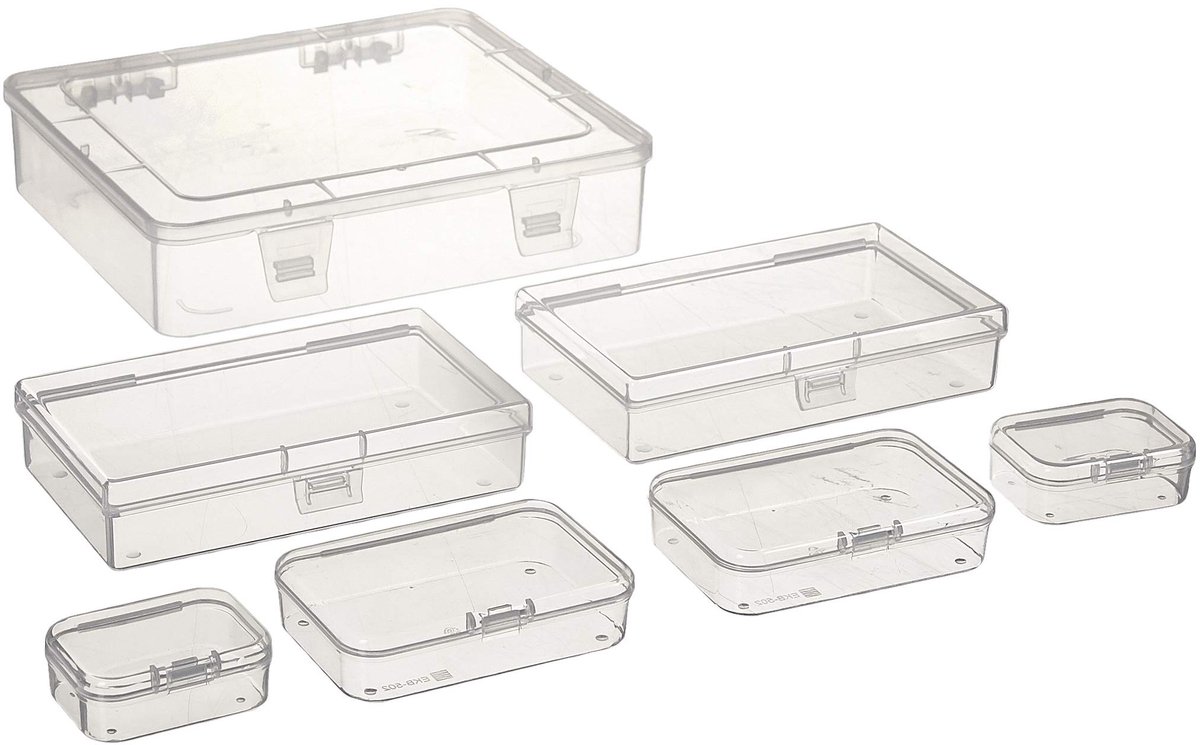 Omgoods- Opbergdoos 7 Stuks - Doorzichtige Plastic - Scharnierend Deksel - Rechthoekige Dozen - Organiseren Kleine Voorwerpen - Perfect voor Ambachten - Opbergcontainer