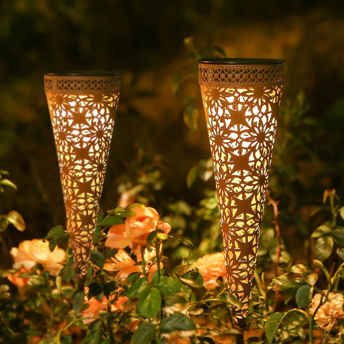 Omgoods - 2 Stuks Metalen Solar Tuinverlichting met LED en Warm Wit Licht