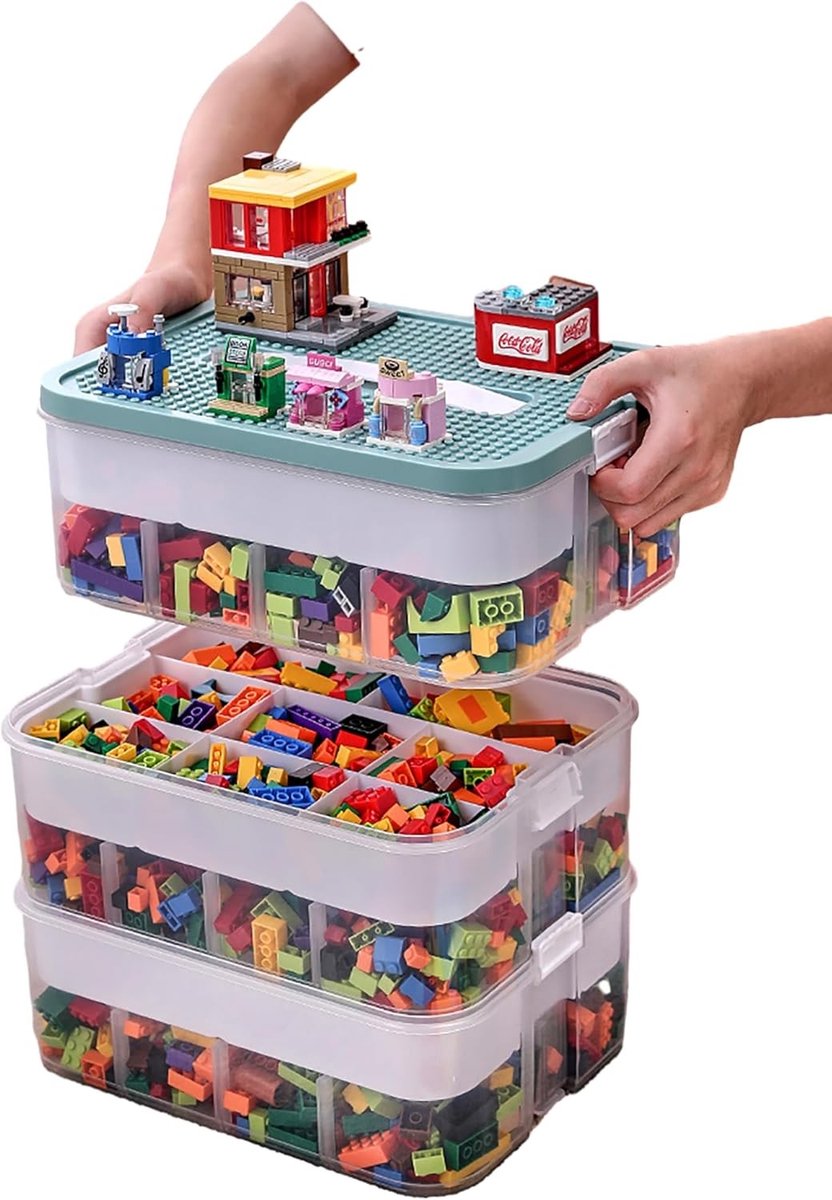 Opslagdoos voor Kinderen met Deksel - Speelgoedopslag, Bouwblokken, Transparante Organiser, Stapelbare Dozen, Ruimtebesparend, Kinderslaapkamer, Speelruimte, 3 Niveaus
