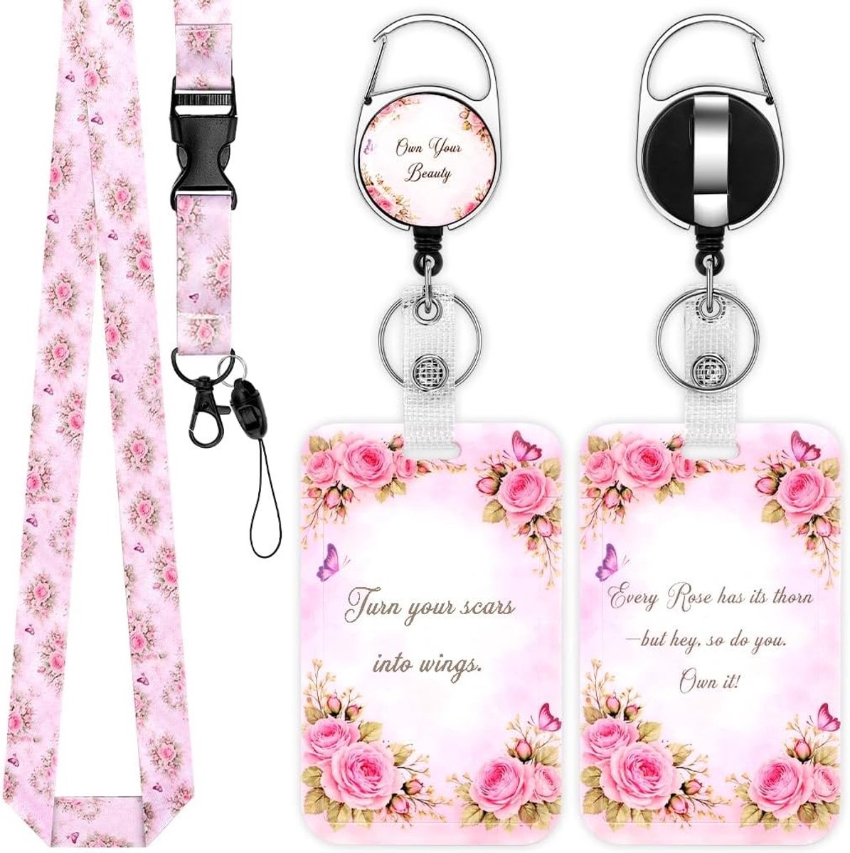 2-Pack Motivational ID Badgehouder met Retractable Lanyard en Geboortemaand Bloemen Thema, Ideaal voor Vrouwen, Verpleegkundigen en Leraren met Afneembare Strap