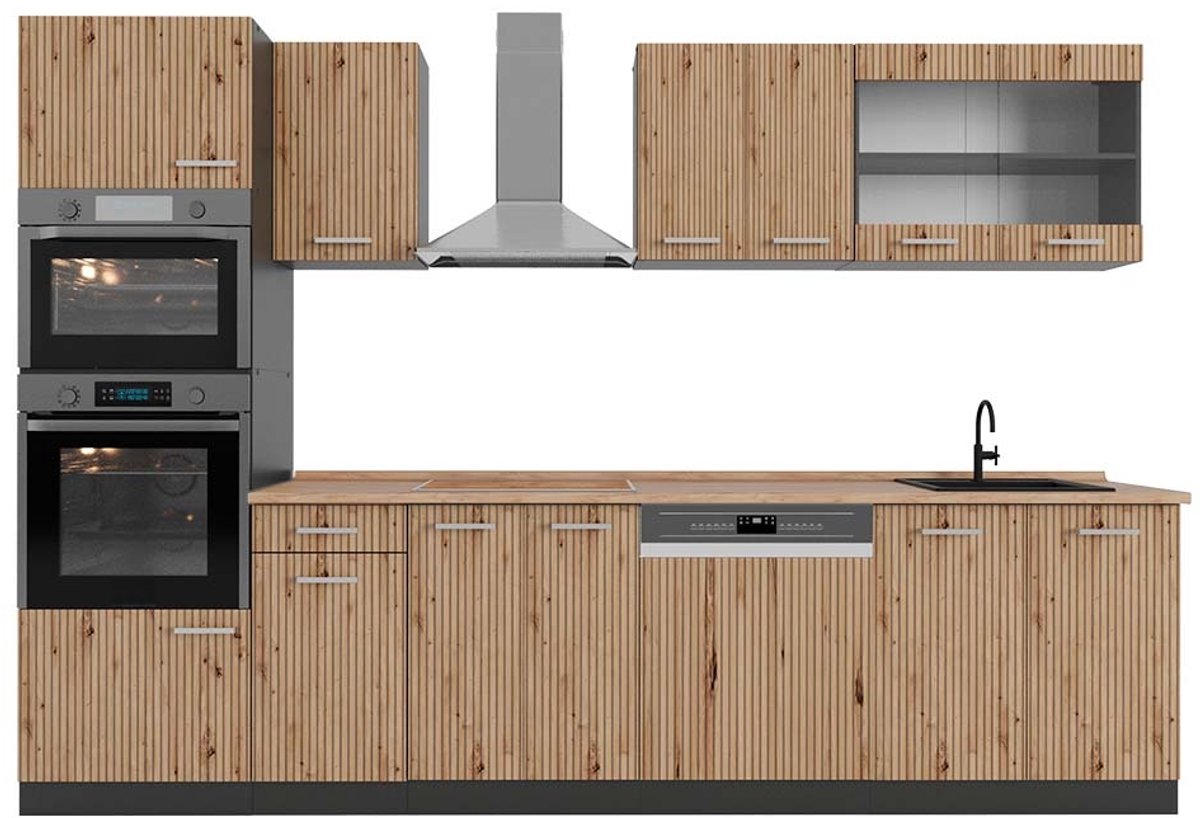 Vicco R-Line Complete keukeneenheid – 300 cm met hoge kast, WB Eik Artisanaal eiken/antraciet