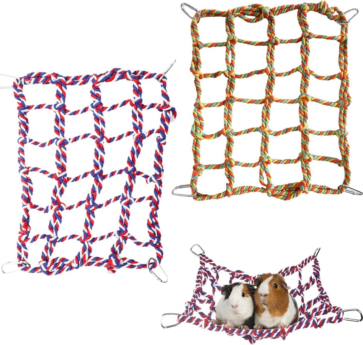 2 Stuks Klimtouw Net voor Kleine Huisdieren, Voor Vogel, Hamster en Muizen, Duurzaam Natuurlijke Katoen, Met Rvs Haakjes, 32x25 cm, Speelgoed voor Klimmen en Spelen