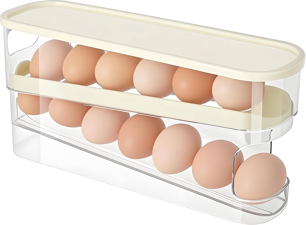 Eierhouder Koelkast, 2-Laagse Rollende Eierdispenser, Automatische Rollende Eieropslag, Ruimtebesparende Eierdispenser voor Koelkast, Keuken en Kast, Wit