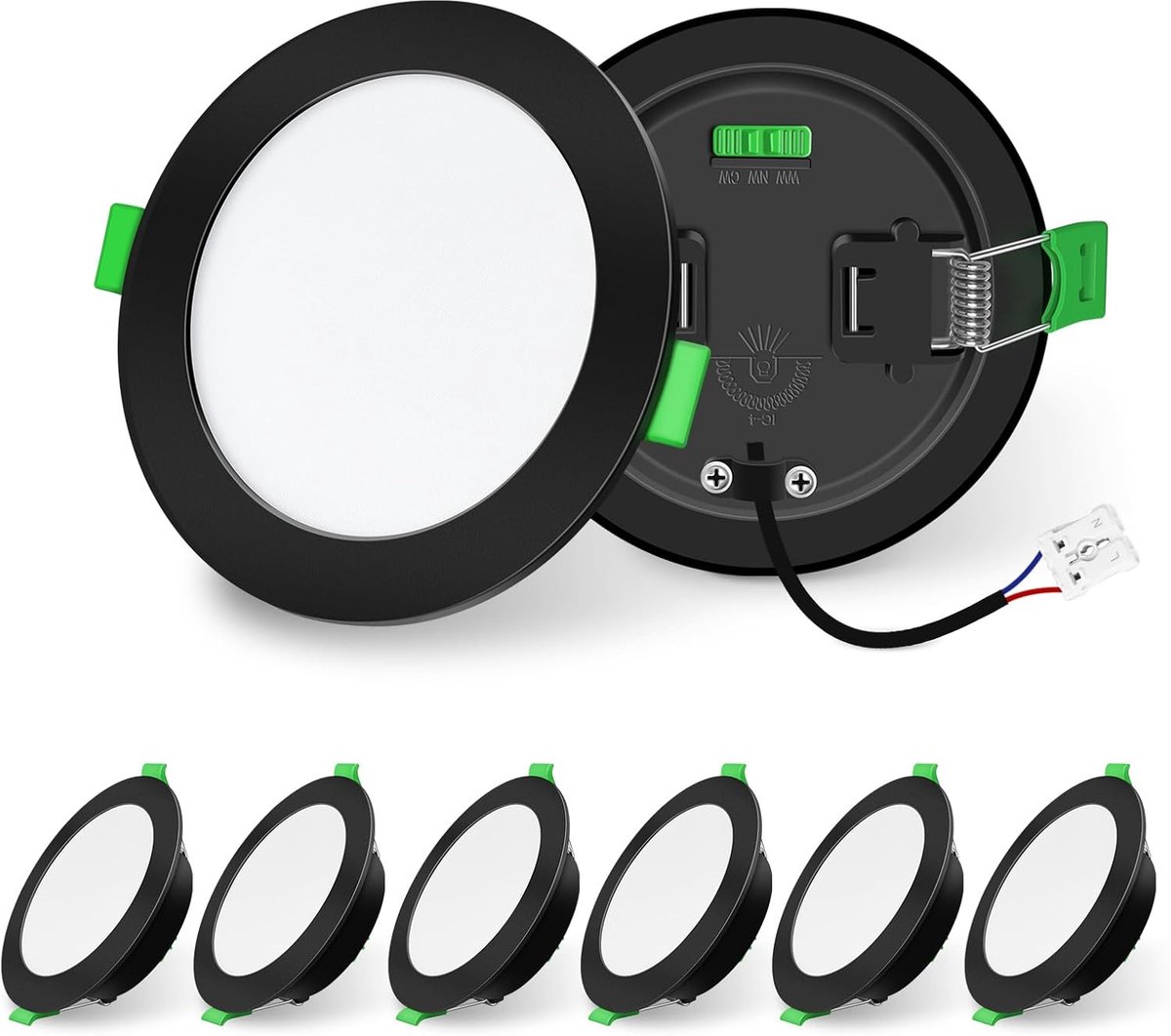 LIGHTING Zwarte led-inbouwspot, dimbaar, 10 W, 1050 lm, hoge helderheid, extra plat, plafondspot, 3000 K, 4000 K, 6500 K, verstelbaar, warm wit, neutraal, koud, badkamerspot IP44, 6 stuks