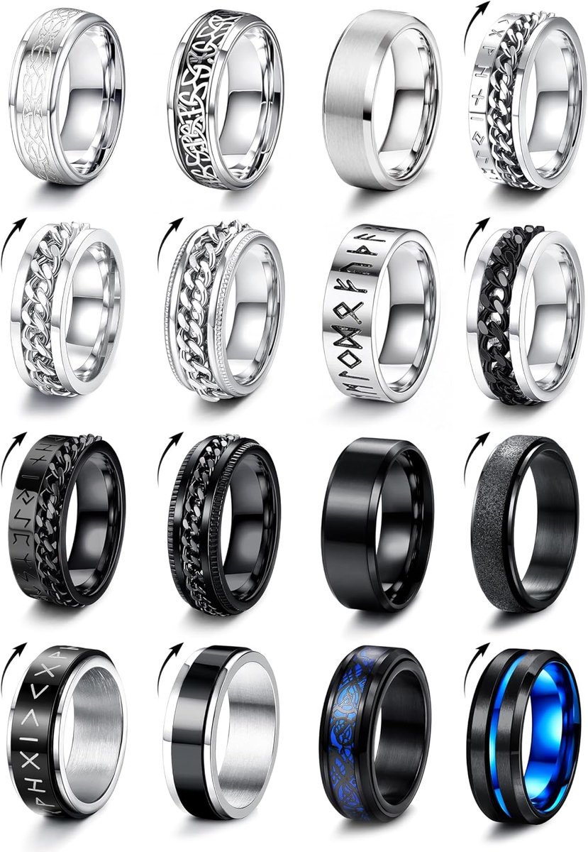 16 stuks roestvrijstalen fidget-ring, spinner-ring, spinner-ringen voor dames, bruiloftsbelofte, zwarte bandringen, coole zwarte ringen voor mannen, 52-70