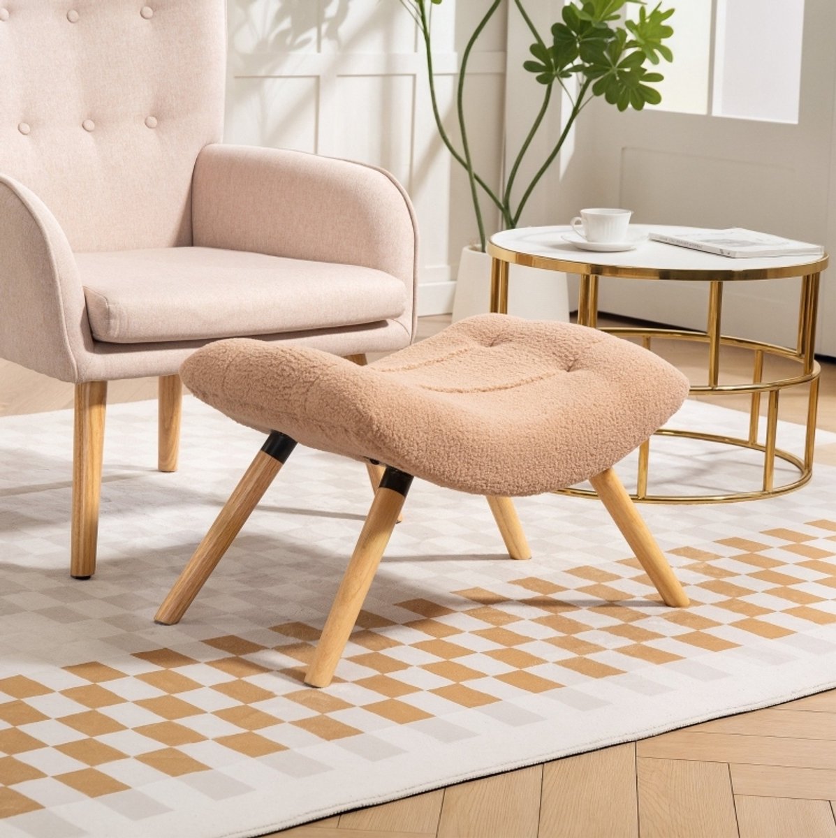 COVREO Poef 67 x 45 x 38 cm, bruin, polyester met houten poten