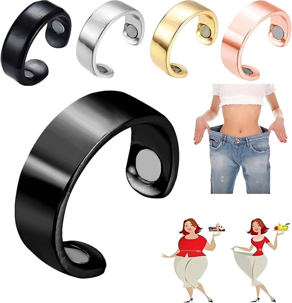 Ring, Set Van 4 Magnetische Ringen In Zwart, Goud, Zilver En Roségoud, Verstelbare Ringen Voor Migraine En Acupressuur Voor Dames En Heren