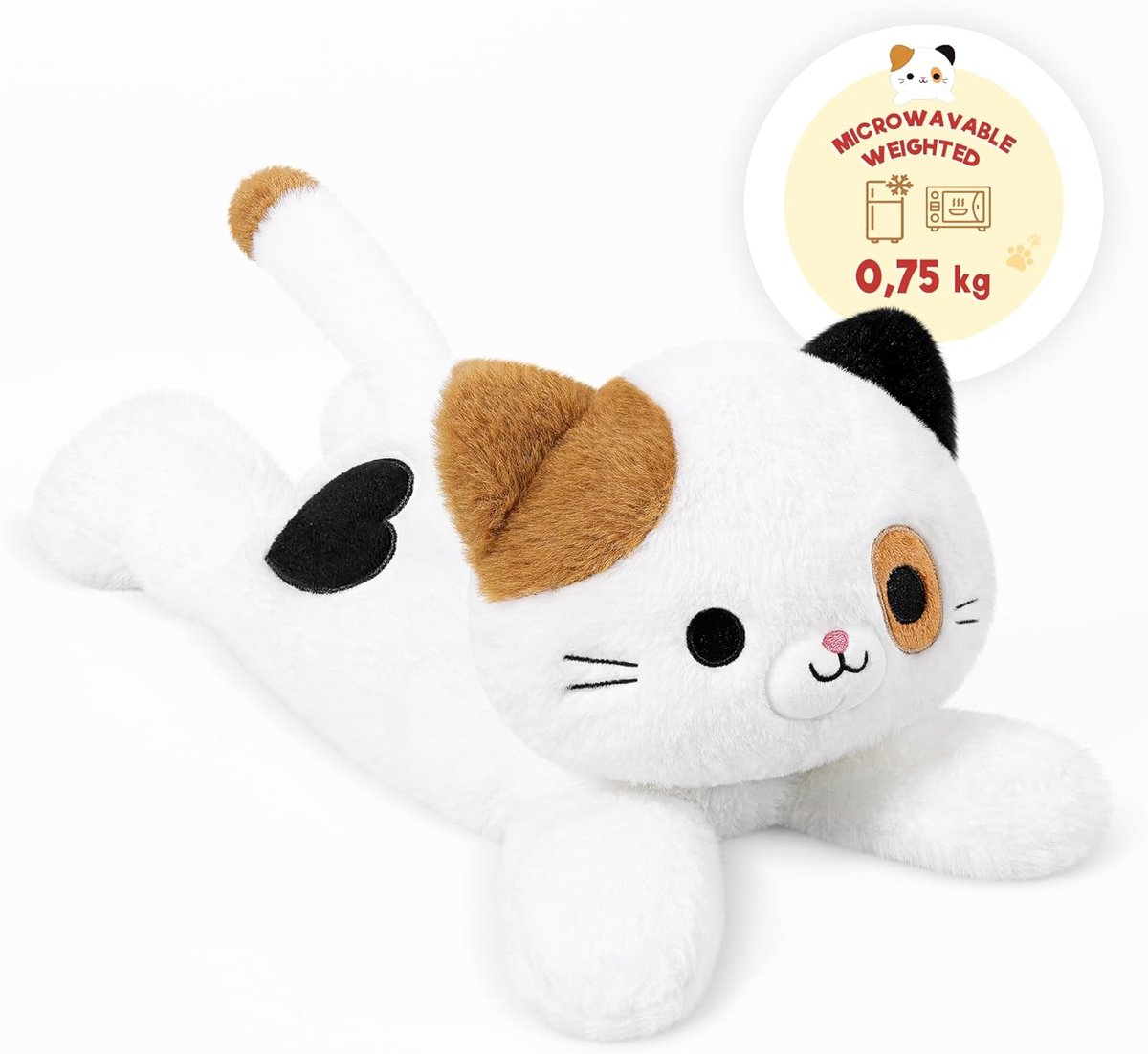 shownicer Warmtekussen, pluche, kat, 0,75 kg, om op te warmen in de magnetron, pluche dieren met gewicht, cadeau voor volwassenen en kinderen vanaf 3 jaar (40 cm, wit)