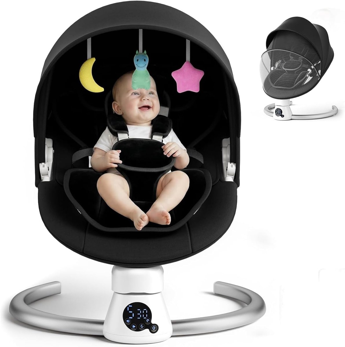 SnelShoppen - Elektrische Babyschommel met App en Afstandsbediening, Babywipstoel met 5 Schommelsnelheden, 3 Timerstanden, 11 Muziekstukjes, 5-Punts V