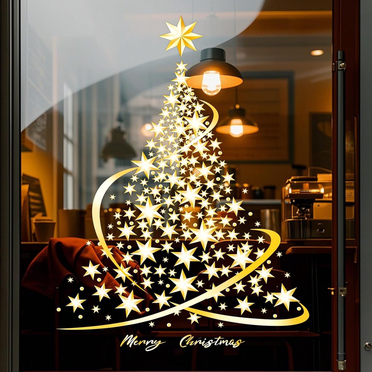 Raamafbeeldingen Kerstmis Goud XXL, Kerstboom raamstickers, Winkelraamdecoratie Kerstmis, Zelfklevend, Raamafbeeldingen Kerstmis Herbruikbaar