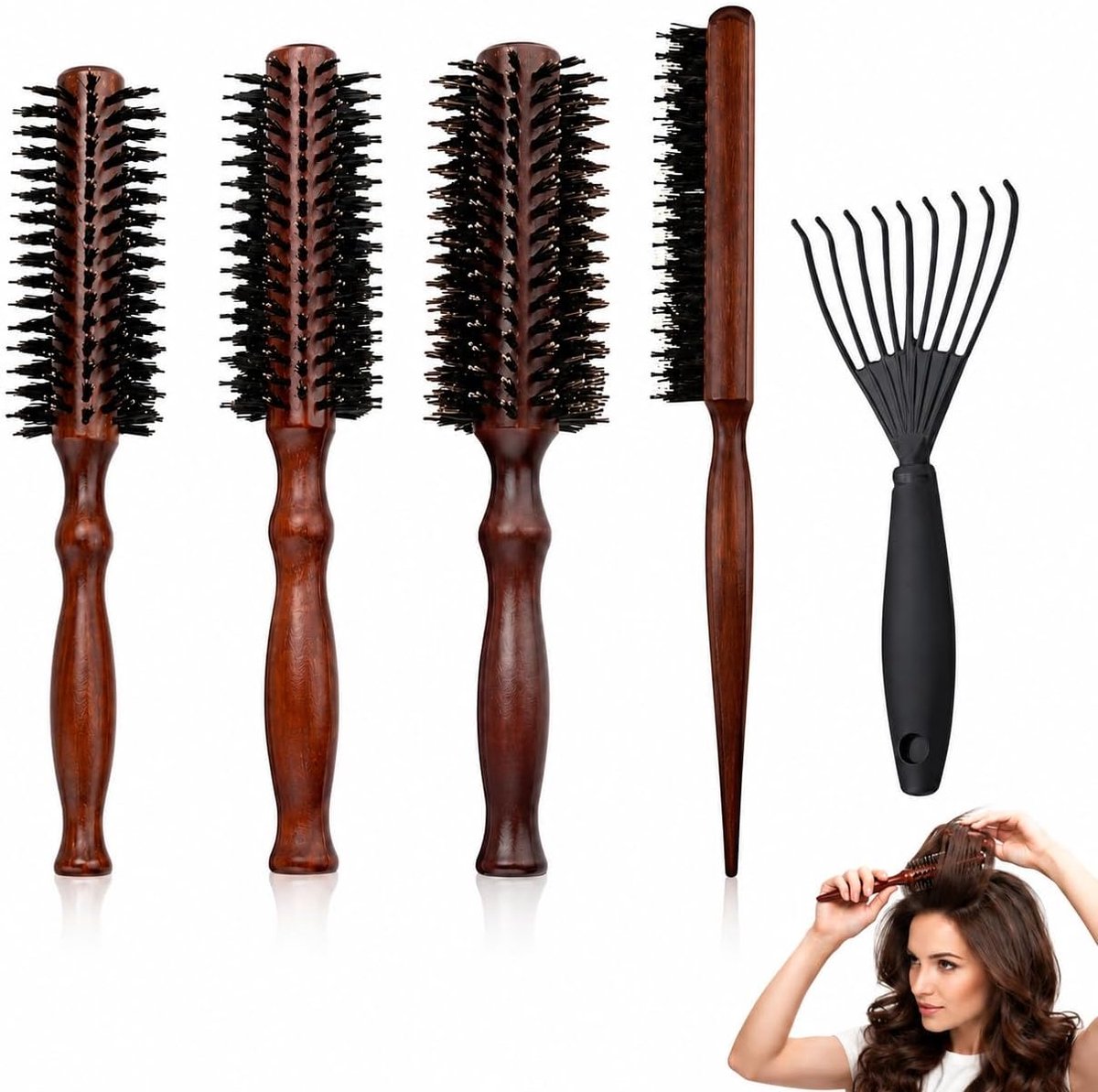 borstel, natuurlijke haarborstel voor dames en heren, van hout met wildzwijnharen, voor volumineus haar en baard，3-in-1, 4,4 cm, 4,5 cm, 4,7 cm Diameter