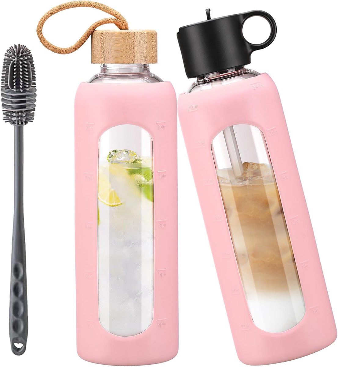 Drinkfles van glas met 2 deksels, rietjesdeksel, bamboedeksel, glazen fles met siliconen hoes, tijdmarkering, waterfles voor koude dranken, 700 ml, roze