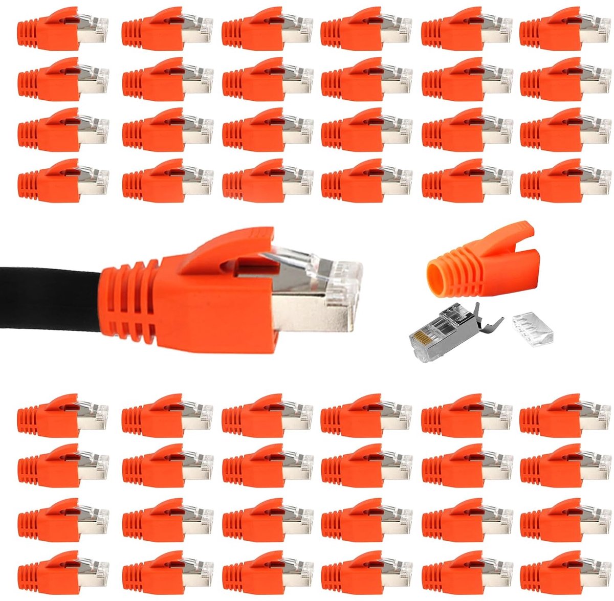 100 stuks netwerkstekker Cat7 Cat6A, pass-through RJ45-stekker, afgeschermd zelfmontage, LAN-stekker met knikbeschermingsaansluiting voor installatiekabel Switch/TV/AWG23/PS4/ADSL/modem/tv-box