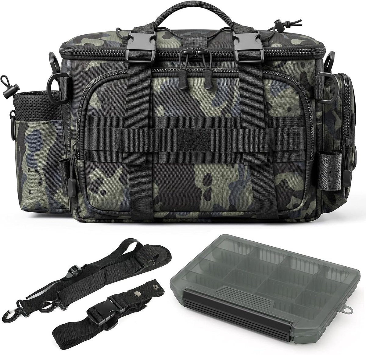 Camo Angel Taschen Mit Boxen, Angeltasche Wasserdicht | viel Platz Angel Tasche, Hochdichtem Oxford-Gewebe, Tragbares Design, Gepolstertem Schultergurt, für Köder und Angelzubehör