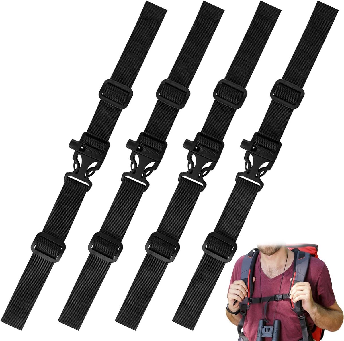 4 Stuks Borstriem, Verstelbare Rugzakriem, Anti-slip Duurzame Borst Riem Voor Schooltas, Joggen, Wandelen, Buiten Reizen(Zwart) | 4 stuks, snelsluiting, draagcomfort, nylon, universeel, voor schooltas, joggen, wandelen, buiten