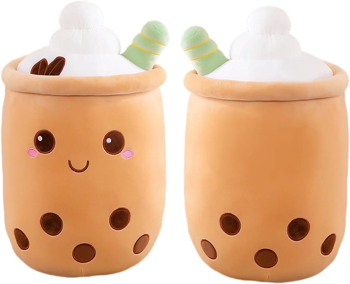 Thee Pluche Kussen, Kawaii Boba Plushies Opgevuld Speelgoed Zachte Bubbel Parel Melk Thee Knuffelkussen Cadeaus voor Kinderen(50cm,Bruin-Ronde ogen)