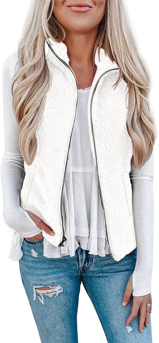 Teddy fleece vest dames, herfst winter warm mouwloos vest bontjas & licht casual effen damesvest herfstjas, Wit vest, M