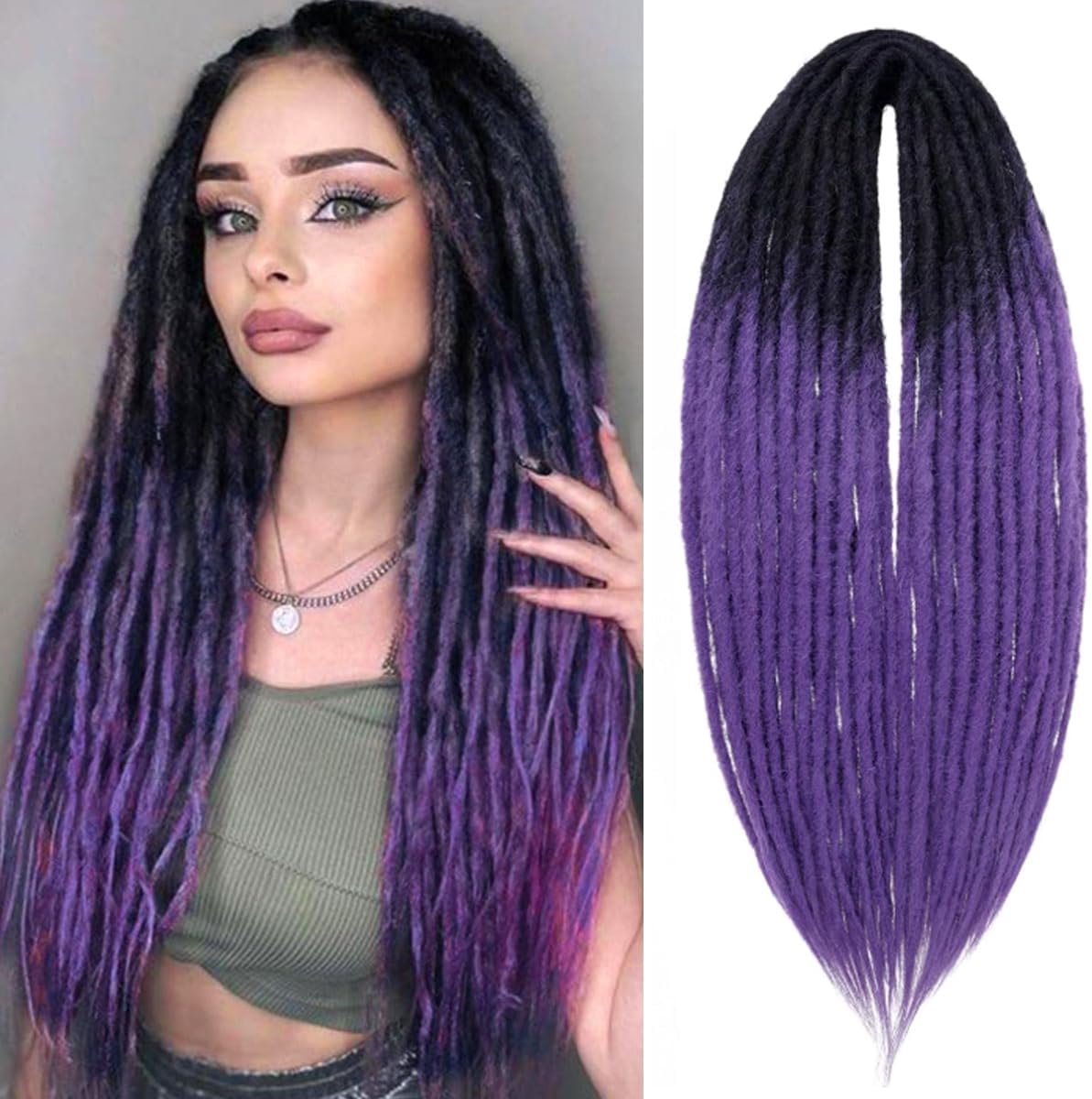61 cm 10 strengen Dreadlocks-extensies, handgemaakte dreadlock-vlechten, synthetisch 0,6 cm, hippie rechte dreads, godinlokken, gehaakt haar voor vrouwen (zwart tot paars, dubbel uiteinde)