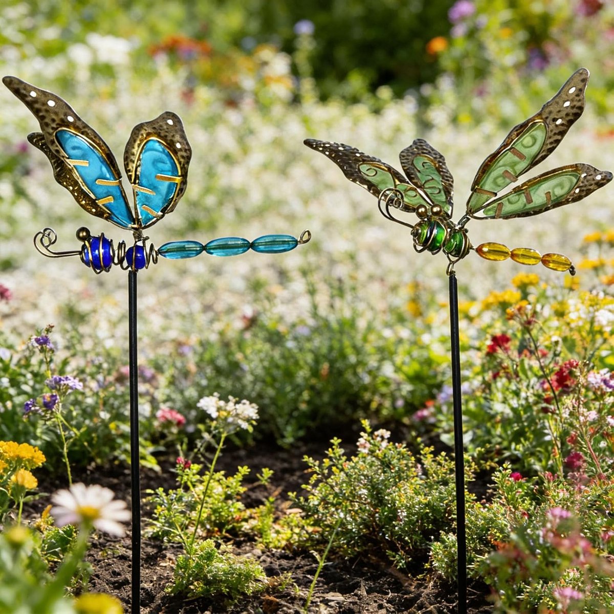 SnelShoppen - 2 Stuks Libellen Tuinpaal Decoratie, Metalen Tuin Kunst Ornamenten, Kleurrijke Buiten Decoratie met Grondpoot, Libellen Tuin Decoratie D