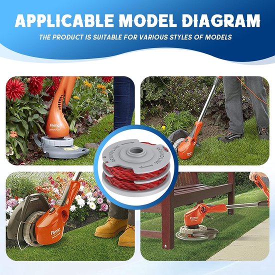 4 stuks grastrimmer draadspoel compatibel met Flymo FLY021/513937190, voor Flymo Contour/Mini Trim/Multi Trim/Power Trim, Ø 1,5 mm - 11 m lengte, met spoelafdekking FLY060 (4 spoelen + 1 kap) — afbeelding 5