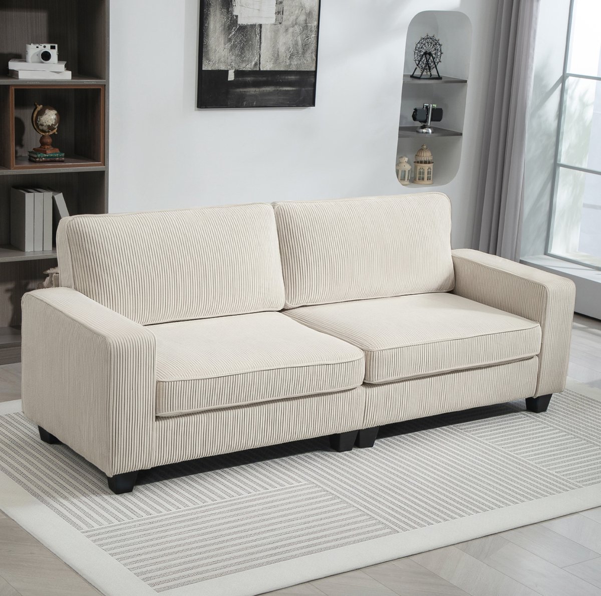 OKWISH Zitbank 227 x 84 x 87 cm - 3-Zits Bank Met Armleuningen En Rugkussens - Pocketvering En Cordbekleding - Polyester - Crèmewit