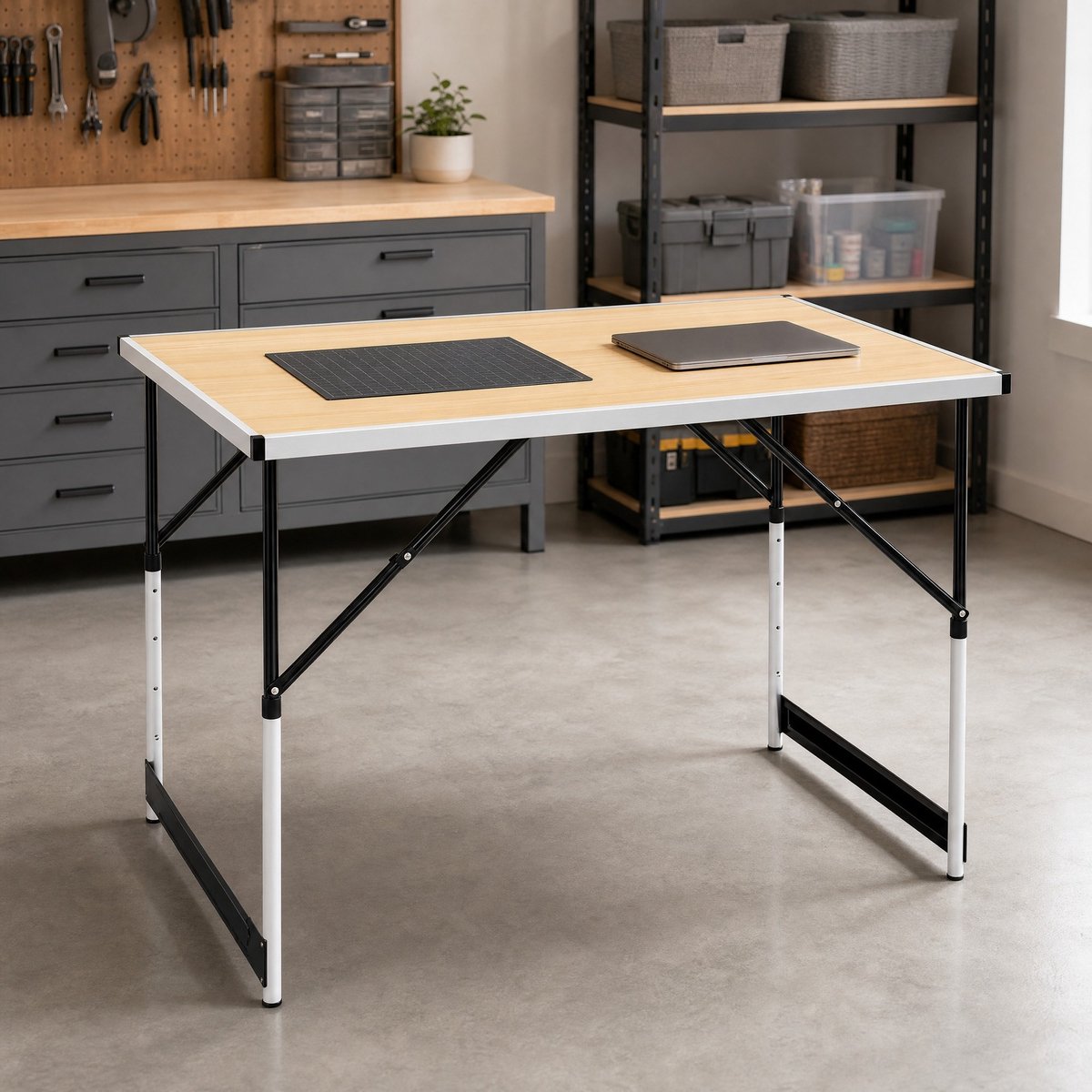DESMIU Tuintafel - Hoogteverstelbaar En Opklapbaar - Voor Tuin En Camping - Aluminium En MDF - 100 X 60 Cm - Licht Eiken