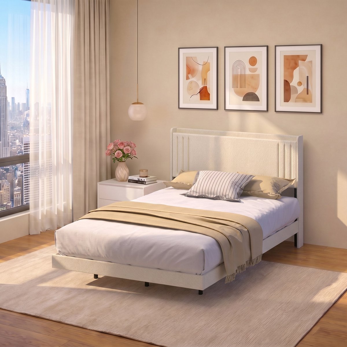 Xbro Gestoffeerd Bed 140 x 200 cm met LED-verlichting en USB,Tweepersoonsbed met Lattenbodem,Hoofdbord en Opbergruimte,Beige