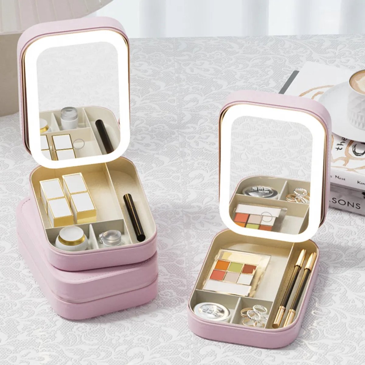 Make-updoos, draagbare make-uptas, make-uptas met spiegel, driekleurig LED-licht, make-uptas, USB-oplaadfunctie, roze (1 stuk)