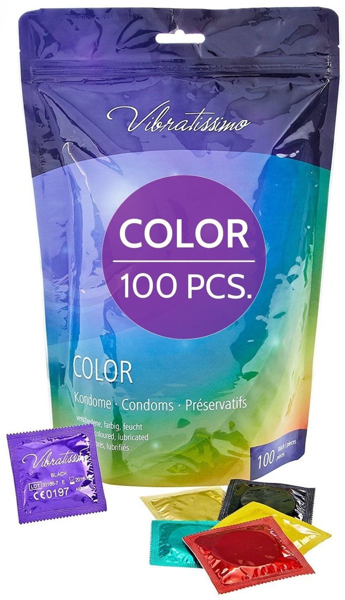 VIBRATISSIMO Condooms 100-pack | Gevoelsecht & Extra vochtig | Gekleurde anticonceptie voor mannen | verpakking in Rot, Schwarz, Grün, Gelb, Gold