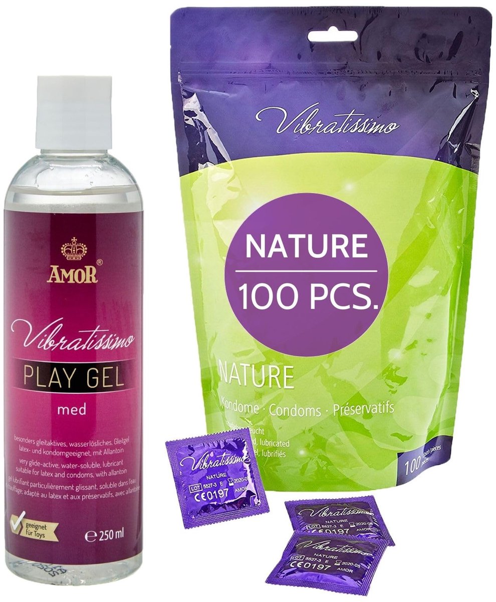 VIBRATISSIMO Condooms Natuurlijke 100-pack & glijgel Set | Extra vochtig | Dunne wanddikte & natuurlijke kleur | Gevoelsecht Flinterdun | anticonceptie | B=53 mm