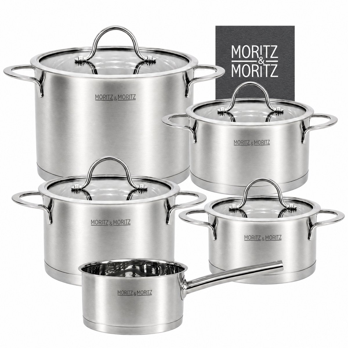 Moritz & Moritz Kookpotten set 5-delig - Inclusief 4 Glazen Deksels - Roestvrij Staal - Geschikt voor Inductie en oven